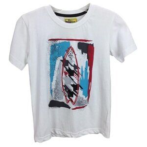 Plaid Fish Boys Graphic T-Shirt Size 5 / 6 White Surfboard Design Short Sleeve